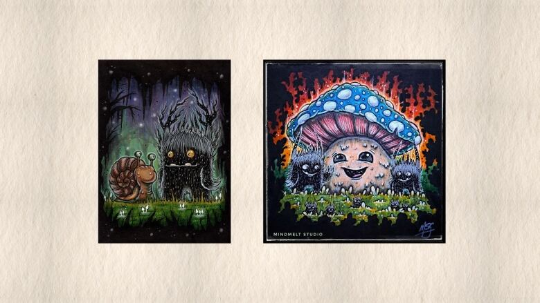 Two pieces of art of imaginary creatures. On the left a creature with horns looks at a cartoon snail. On the right a smiling blue mushroom is surrounded by two smaller smiling horned creatures.