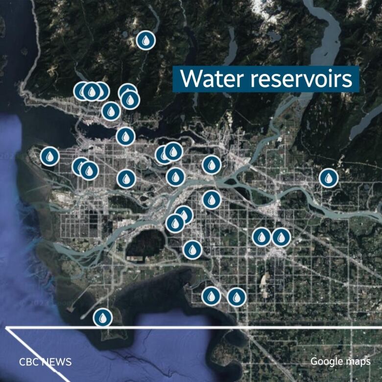 A map pinpoints the locations of water reservoirs in the Lower Mainland. 