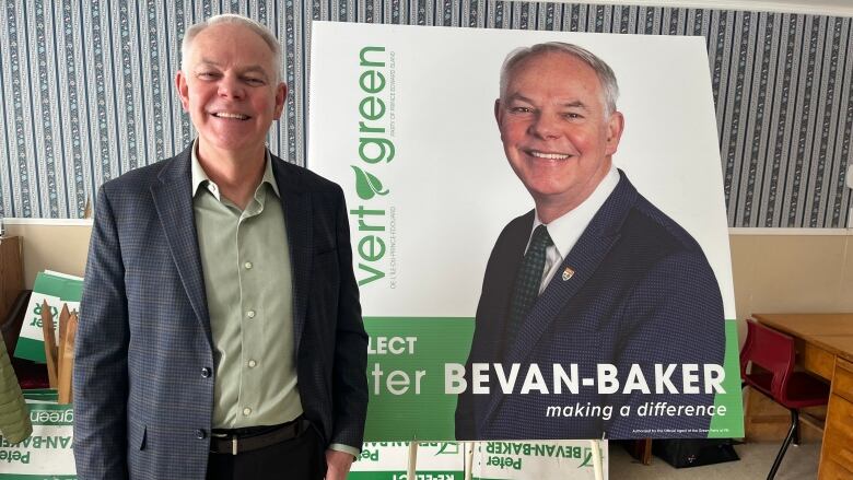 Green Leader Peter Bevan-Baker standing in front of a campaign sign.