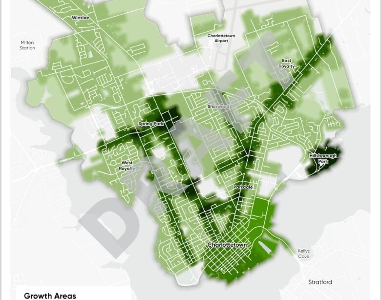 A map of Charlottetown showing priority areas for growth.