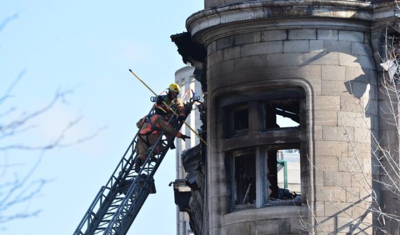 Firefighters search building.