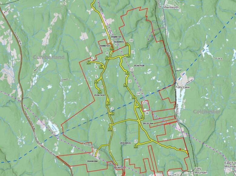 A map shows the proposed locations of the wind turbines in the Higgins Mountain wind farm.