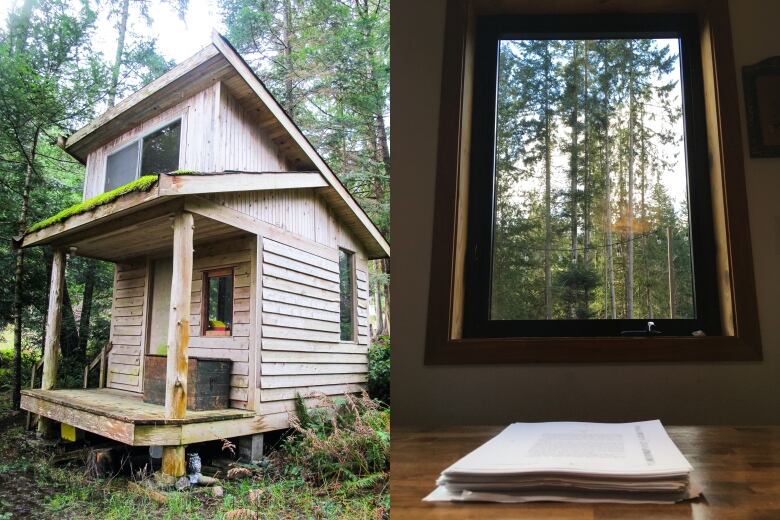 Collage of images from Michael Christie's cabin. Left: exterior shot of a white building with some moss growth. Right: interior shot of a manuscript in front of a large window through which the trees can be seen.