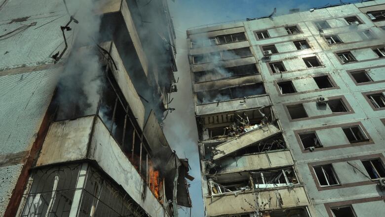 A missile-damaged building in Zaporizhzhia, Ukraine.