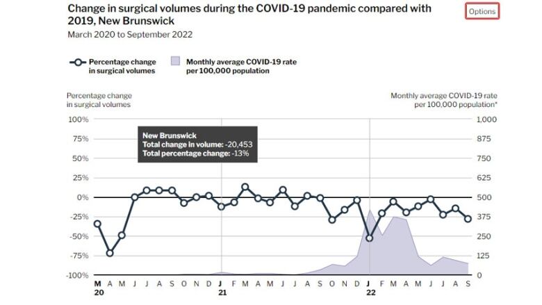 A line graph showing monthly ups and downs in the percentage change in surgical volumes in New Brunswick between March 2020 and September 2022.