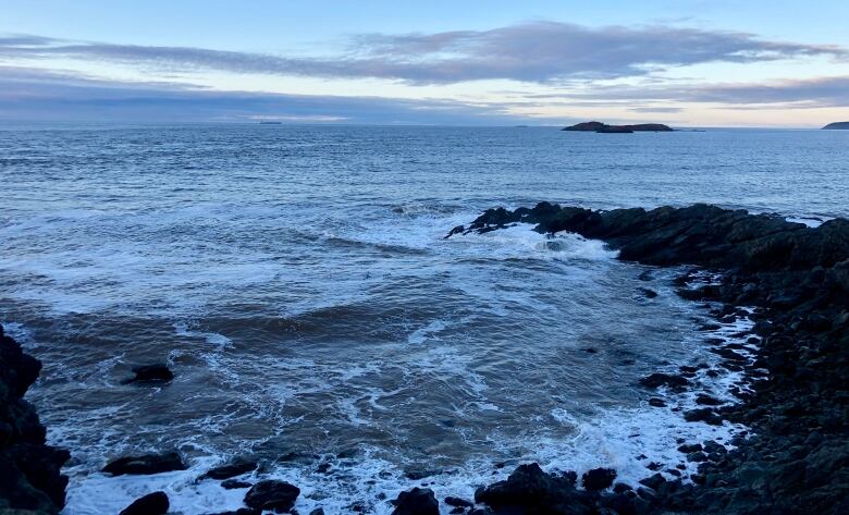 A coastline with waves coming on shore.