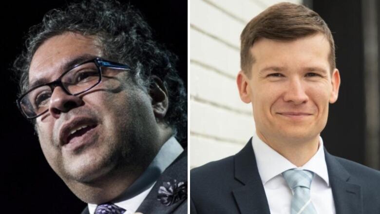 A composite image of Naheed Nenshi and Jeromy Farkas. 