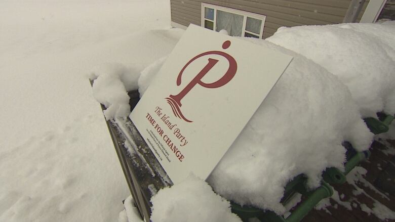 A political sign sits in the snow