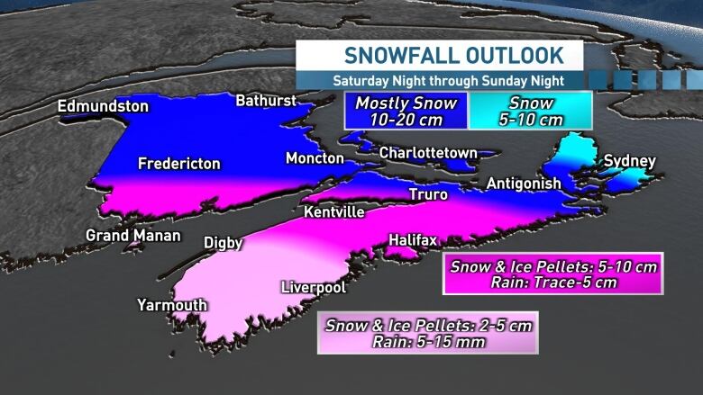 The heaviest snowfall is expected across New Brunswick and northeastern Nova Scotia, with a messy mix of snow, ice pellets and rain in the southwest.