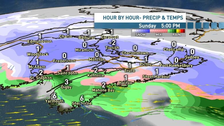 Snow continues Sunday afternoon across New Brunswick and northeastern Nova Scotia. A messy mix in the southwest.