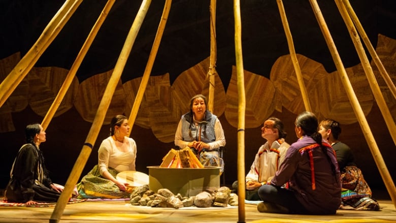 Five people are seated on the ground in a semi-circle, listening to a woman who is seated on a stool and speaking. They are sitting under the beams of a teepee around a fire.