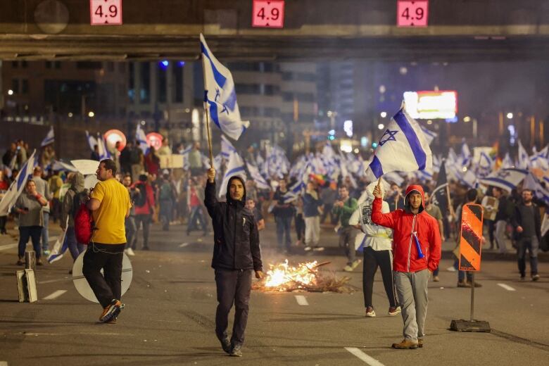 Protesters waving flags.