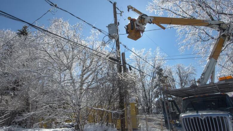 A worker repairs a Hydro-Qubec wire. 