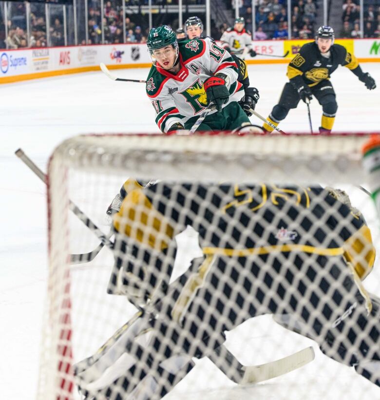 A hockey player in a white jersey takes a shot against a goalie wearing a black and yellow jersey.