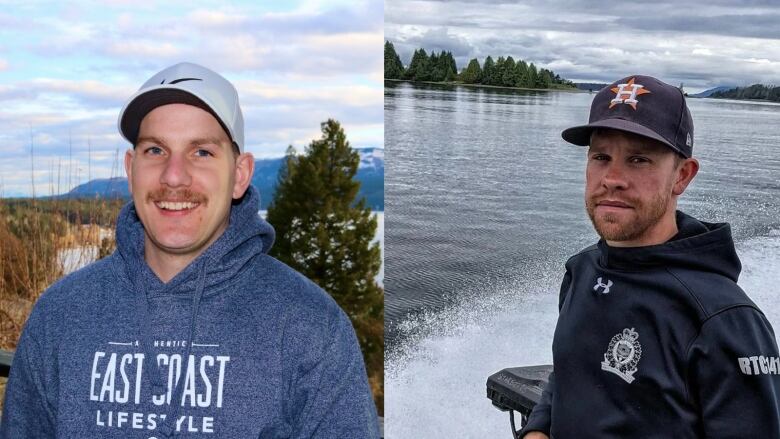 Two photos side by side. On the left: a man in ball cap with sweater reading 