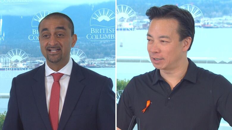 A composite of a South Asian man in a suit, and an Asian man wearing a polo shirt with an orange ribbon, speaking at a podium.