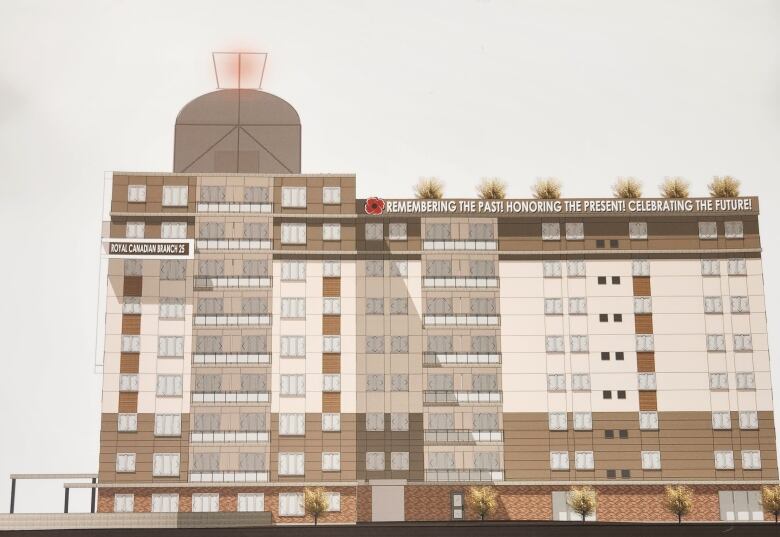 Graphic of the new legion building with apartment buildings