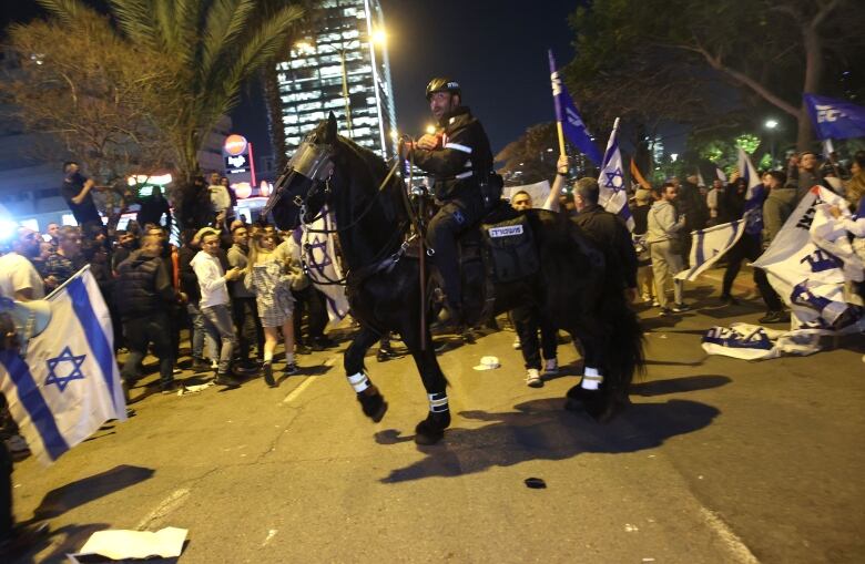 A police officer on horseback is shown on a street at night in front of a crowd of flag-carrying protesters.