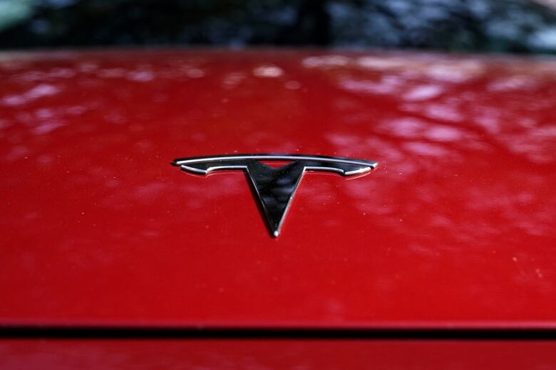 The Tesla logo on the hood of a red car.