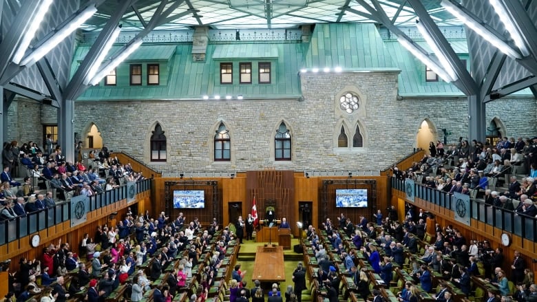 A wide shot of a legislature with a skylight during a speech.