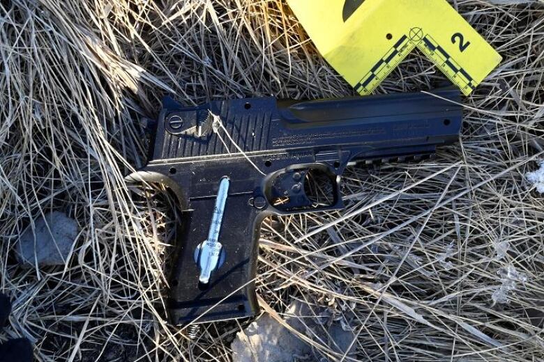 An item, resembling a gun, lays in the grass with a crime scene marker beside it. 