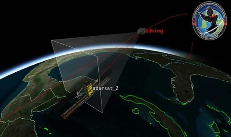 An illustration shows a circular satellite heading towards another satellite as they orbit the Earth.