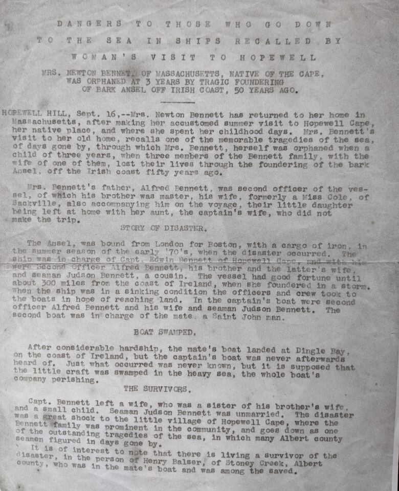 photos of old article about the sinking of the Barque Ansel in 1870, as told by Mrs. Newton Bennett 50 years later