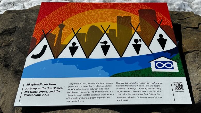 A panel showing teepees, traditional symbols, and the Metis flag.