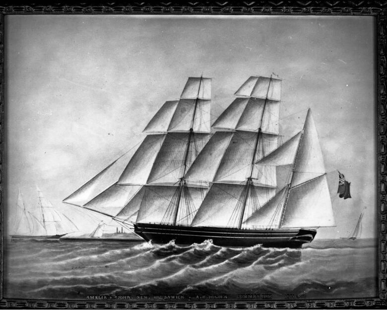 black and white painting of wooden ship built in 1850 in full sail