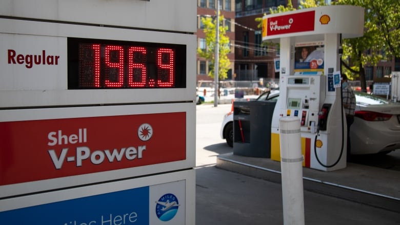 A sign at a Shell gas station in Toronto from May of 2022 shows a price of $1.96 point nine per litre. 