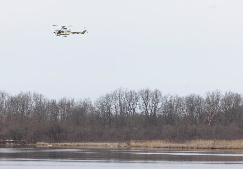 A helicopter flies over the shore of a river.