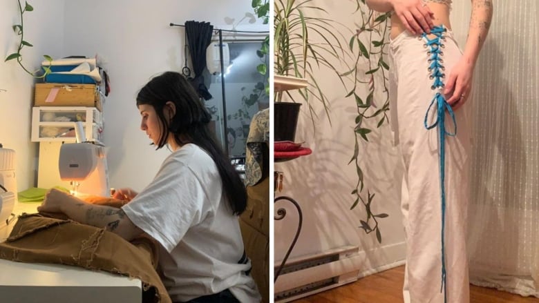 Two pictures, the first of a young woman sitting at her sewing machine and the second of her wearing white pants with a blue string sewed through metal holes.