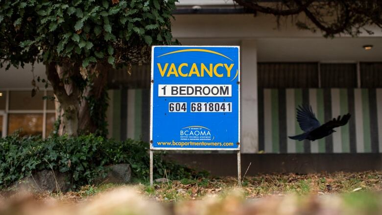 A lawn sign that reads 'Vacancy 1 Bedroom'.