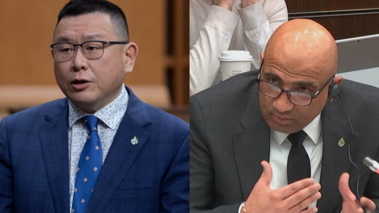 Former Conservative MP Kenny Chiu, left, stands in the House of Commons. Liberal MP Parm Bains is seen at a committee table.