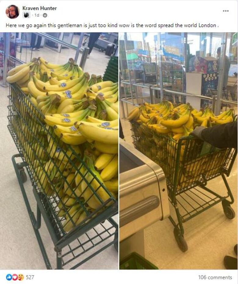 This Facebook post, dated Mar. 30, at 4:34 P.M., claims to show the individual behind the banana craze purchasing a cart-full of fruit.