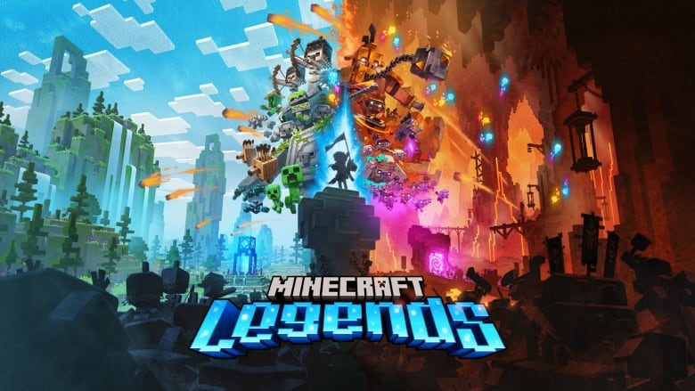 A promotional screenshot of a game called 'Minecraft Legends', with blocky skeletons and humanoid pigs fighting with neon-coloured effects visible across a landscape. In the foreground, a silhouetted figure raises a flag.