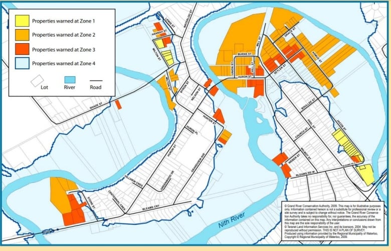  A topographical flooding map with red, yellow and orange colours for different elevations.