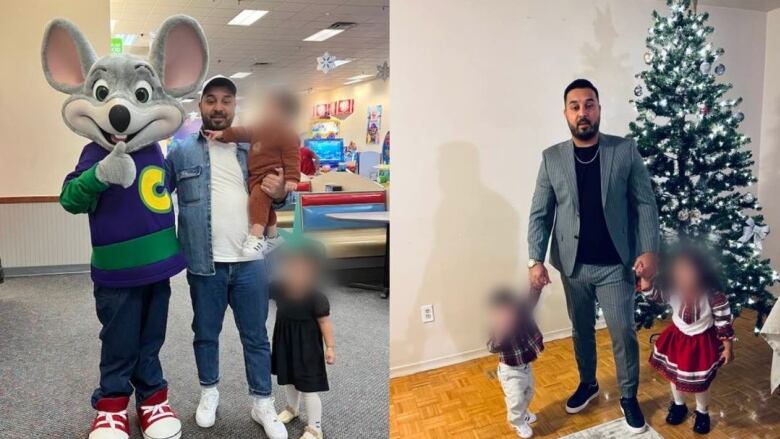 Two pictures, both of a man pictured with two children. One is at Chuck E. Cheese and the other is in a home in front of a Christmas tree. 