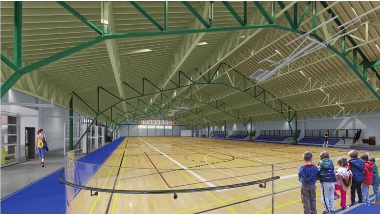 A very long indoor ball court.