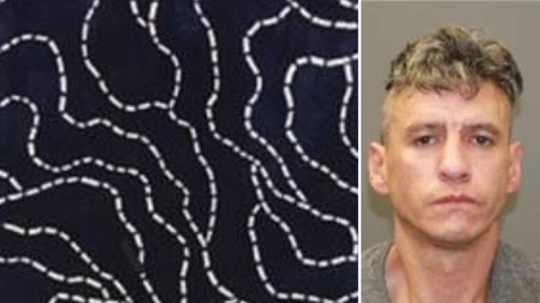 A composite image of a rug pattern, which is dark blue and has dotted lines over it, next to a mugshot of a white man.