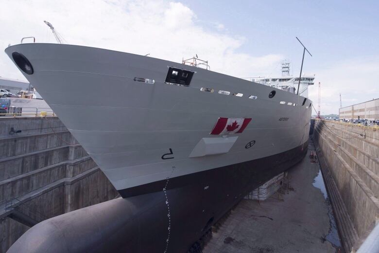 The Resolve-Class naval support ship Asterix at the Davie shipyard in Levis, Que., on Thursday, July 20, 2017. A coalition of people trying to save the Davie shipyard near Quebec City says more than 1,300 jobs are at risk if the federal government doesn't give the yard a contract for a second supply ship.