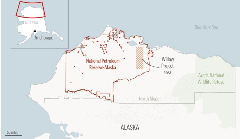 A map shows Alaska's north slope, with the Willow project area indicated within the National Petroleum Reserve-Alaska.