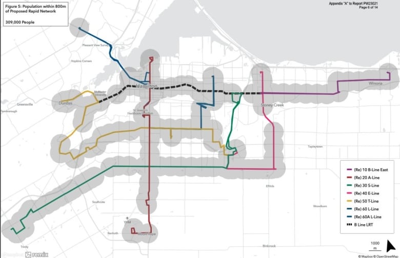 Map of Hamilton and rapid transit routes