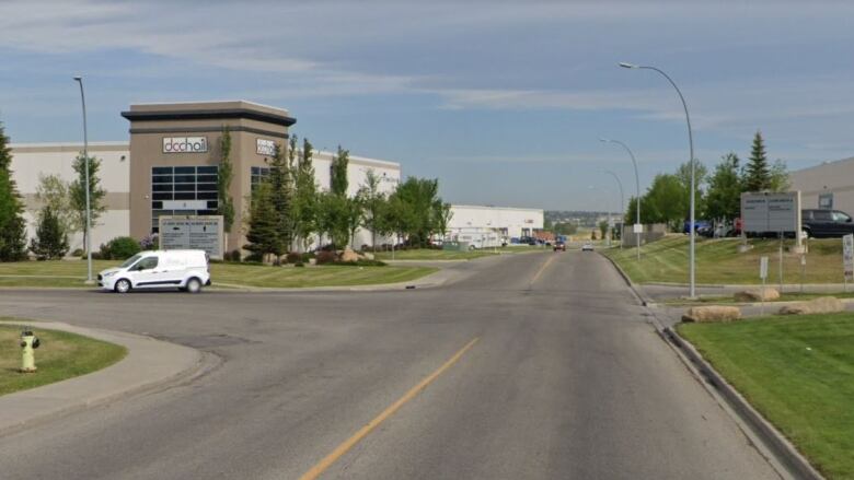 This picture shows an empty four-way intersection near Calgary's airport.