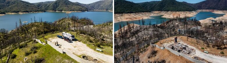 A before-and-after series of photos a campsite above Lake Oroville, Calif. The before photo shows the campground after a wildfire burned through it, while the after photo shows a refilled lake and growing vegetation.