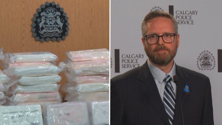 At left, bags of cocaine are pictured. At right, a man wearing a suit and tie stands in front of a backdrop.