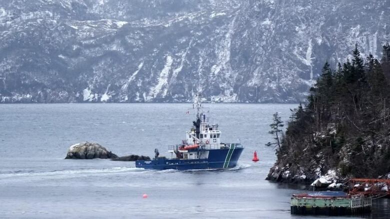 A small blue and white ferry motors through the water, with snow-covered hills in the background.