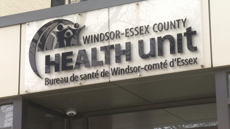 The sign on the health unit that reads Windsor-Essex County Health Unit.