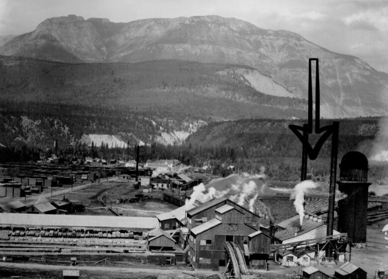 A black-and-white photo of the wideshot of factory buildings with trees and hills nearby.