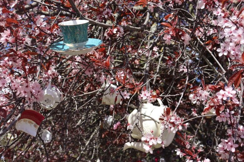 A tea cup and a teapot are pictured hanging on a tree.